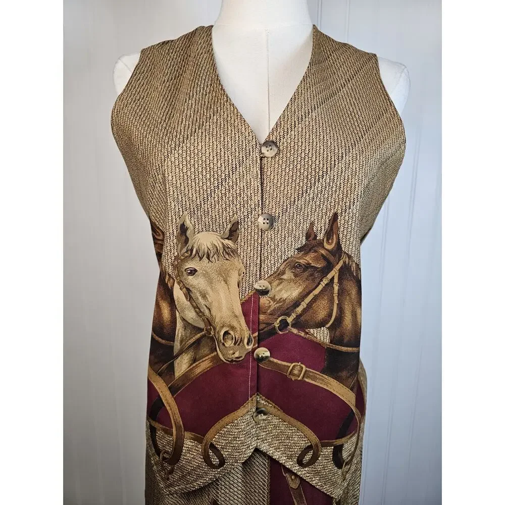 Cambridge‎ Dry Good Vintage Vest & Skirt Set Size XS/S Equestrian Rayon Horses